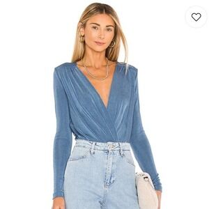 Free People x Revolve Turnt Bodysuit Blue Metallic Long Sleeve Faux Wrap  Small